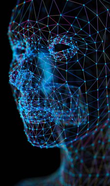Teknoloji ve yapay zeka kavramı. Cyborg ve net. Büyük veri ve makine modern tasarım 3D illüstrasyon öğreniyor