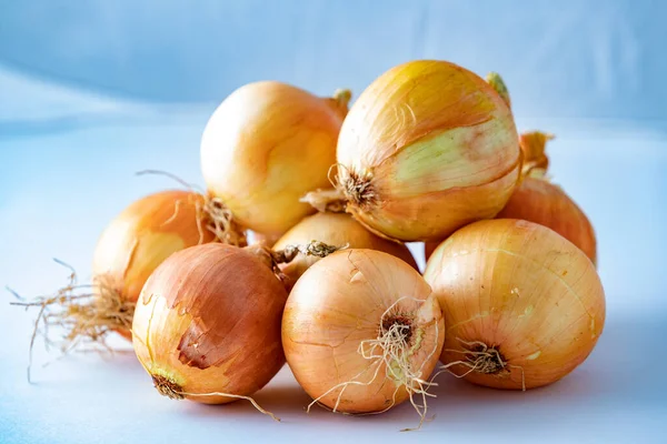 Cebollas Con Bulbo Crudo Fresco Cebollas Rodajas Marrones Tabla Cortar —  Fotos de Stock