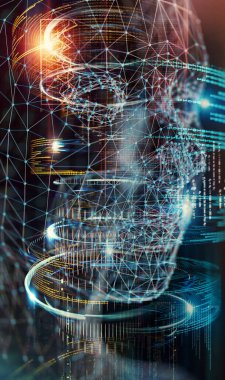 Teknoloji ve yapay zeka geçmişi kavramı. Biyometrik konsept için Cyborg ve net. Büyük veri ve makine modern tasarım 3D illüstrasyon öğreniyor.