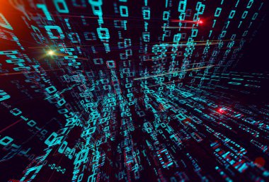 Teknoloji, bilim ve bulut 3D çiziminin soyut arkaplanı. İkili kod duvar kağıdı ve ikili dil konsepti deseni ve büyük veri yapısı. İnternet ve kaynak kod.