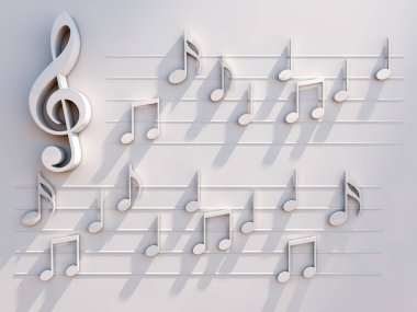 Müzik arkaplanı tasarımı. Müzikal yazı. 3 boyutlu müzik notaları ve soyut müzik notaları çizimi. Şarkılar ve melodi konsepti..