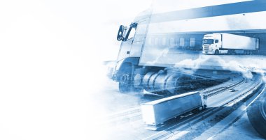 Soyut Tasarım Uluslararası Sevkiyat ve Otoyol. Soyut arkaplan kamyonları ve taşımacılık. Otoyol ve teslimat. Yolda giden kamyon ve arabalar..