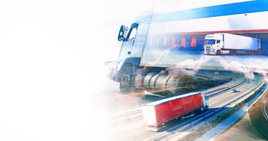 Soyut Tasarım Uluslararası Sevkiyat ve Otoyol. Soyut arkaplan kamyonları ve taşımacılık. Otoyol ve teslimat. Yolda giden kamyon ve arabalar..