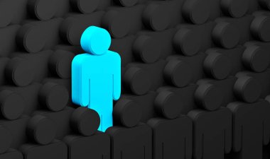 Eşsiz konsept 3d illüstrasyon. Farklı ve özgün kavramsal imaj. Kalabalıktaki farklı ve özgün kişi..