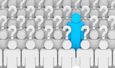 Soru ikon3d çizimi. Soru işareti beyaz arkaplanda izole edildi. Şüpheler ve sorular kavramı.