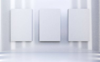 Tabloların boş sergi odası. Üç boyutlu beton duvar, üç parçalı tuval ve pencere aydınlatmalı antik beton zemin..