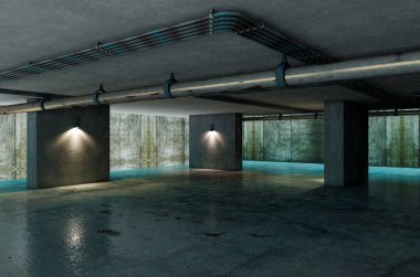Boş beton iç mekan ve duvar. Endüstriyel iç plan ve çimento sütunları. 3D illüstrasyon.