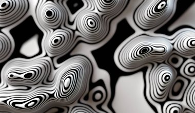 Soyut arka grup 3D illüstrasyon. Siyah ve beyaz çizgiler ve soyut şekiller tasarım.