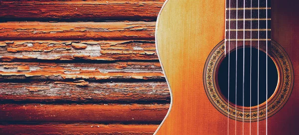 Diseño Musical Con Guitarra Acústica Guitarra Española Pared Madera Fondo — Foto de Stock