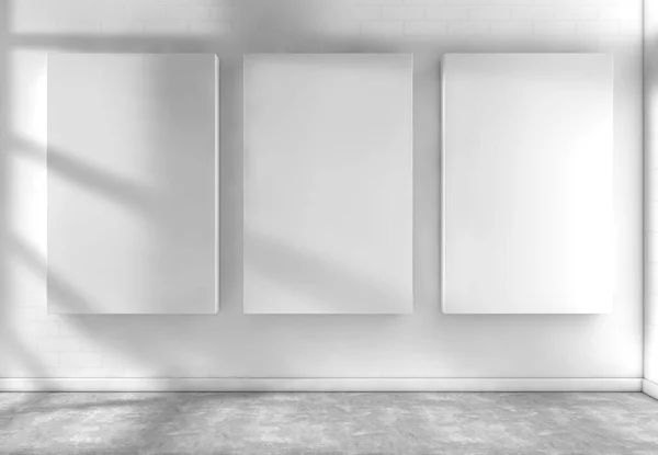 Leerer Ausstellungsraum Für Gemälde Rendering Der Betonwand Mit Leinwand Triptychon — Stockfoto
