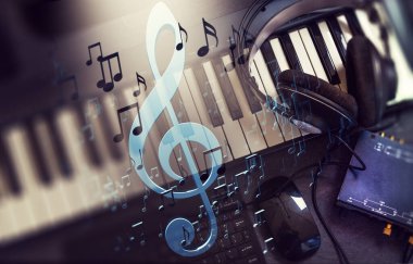 Kulaklık ve klavye rengarenk ışık arka planında. Şarkı, müzik konsepti geniş fon, sınır sanat tasarımı.