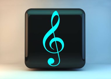 İnternette ya da internette müzik kavramı. Beyaz arka planda bas tuşlu düğme ya da küp. Müziğin simgesi ya da simgesi, üç tuşlu anahtar. 3d illüstrasyon.