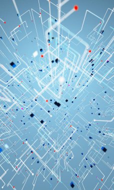 Teknoloji, bilim ve bulut 3D çiziminin soyut arkaplanı. Izgara ve net parçacık yapı arkaplanı.