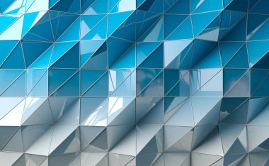 Geometrik şekillerin soyut arkaplanı ve mavi tonlu 3D çizimler. Düşük polimer ve parlak modern doku