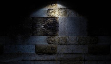 Üst nokta aydınlatmalı koyu taştan bir ortam. 3D çizim. Kaya duvar arkaplanı.
