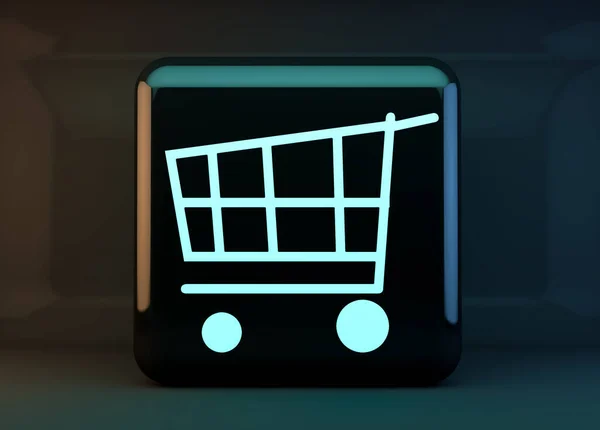 Concept Buying Online Internet Button Cube Shopping Cart Black Background — Stock Photo, Image