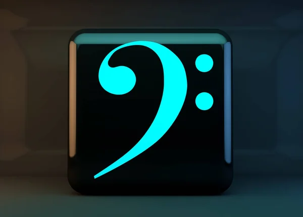 Concept of music online or on the internet.Button or cube with bass clef over black background.Icon or symbol of music, bass clef. 3d illustration.