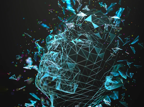 Abstract background of cyborg face and technology.Big data and learning machine.3d illustration. Algorithm programming and artificial intelligence concept.Biometrics and facial recognition.