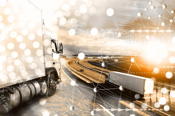 将来の物流業界や商品コンセプトの出荷 要約設計背景トラックと輸送 高速道路と配送 — ストック写真