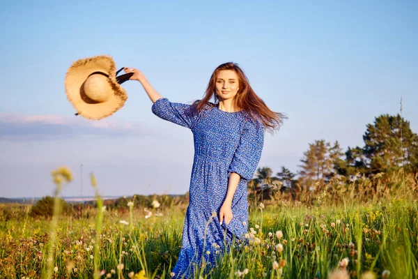 Mavi elbiseli kız tarlada yürüyor.
