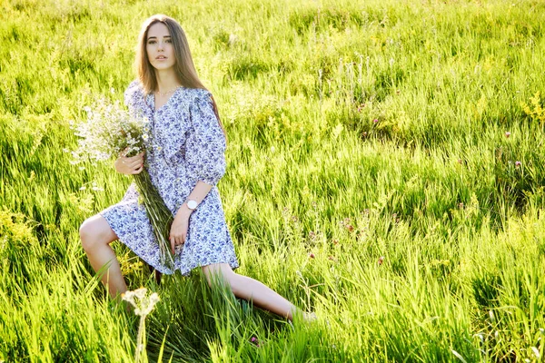 一个年轻漂亮的姑娘 带着一束花在大自然中 — 图库照片