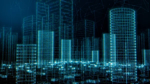 未来城市观 网络空间或智能城市概念 用微粒建造的摩天大楼 3D渲染 — 图库照片
