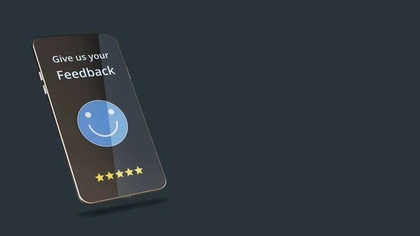 フィードバックページと優れた評価のアイコンを持つスマートフォン 顧客サービス評価の概念 サービス品質評価や製品レビュー コピースペース 3Dレンダリング — ストック写真