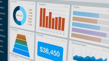 Bir bilgisayar monitörünün yakın plan görüntüsü, ERP yazılım kuruluşu kaynak planlaması veya CRM yazılım müşteri ilişkileri yönetimi, grafikler, veriler ve raporlar, grafik arayüzü (3d))