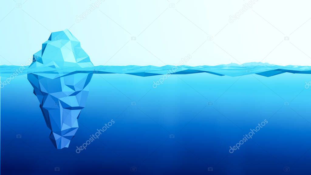 stylized iceberg floating on water, concept of hidden danger and global warming, copy space (3d render)