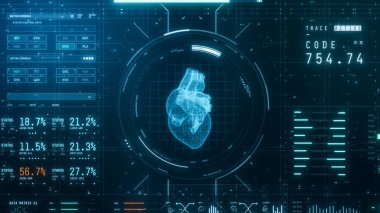 Tıbbi ve bilimsel amaç için geleceksel yazılım arayüzü, hasta izleme yazılımı, insan kalp tarayıcısı, ön görünüm (3d))