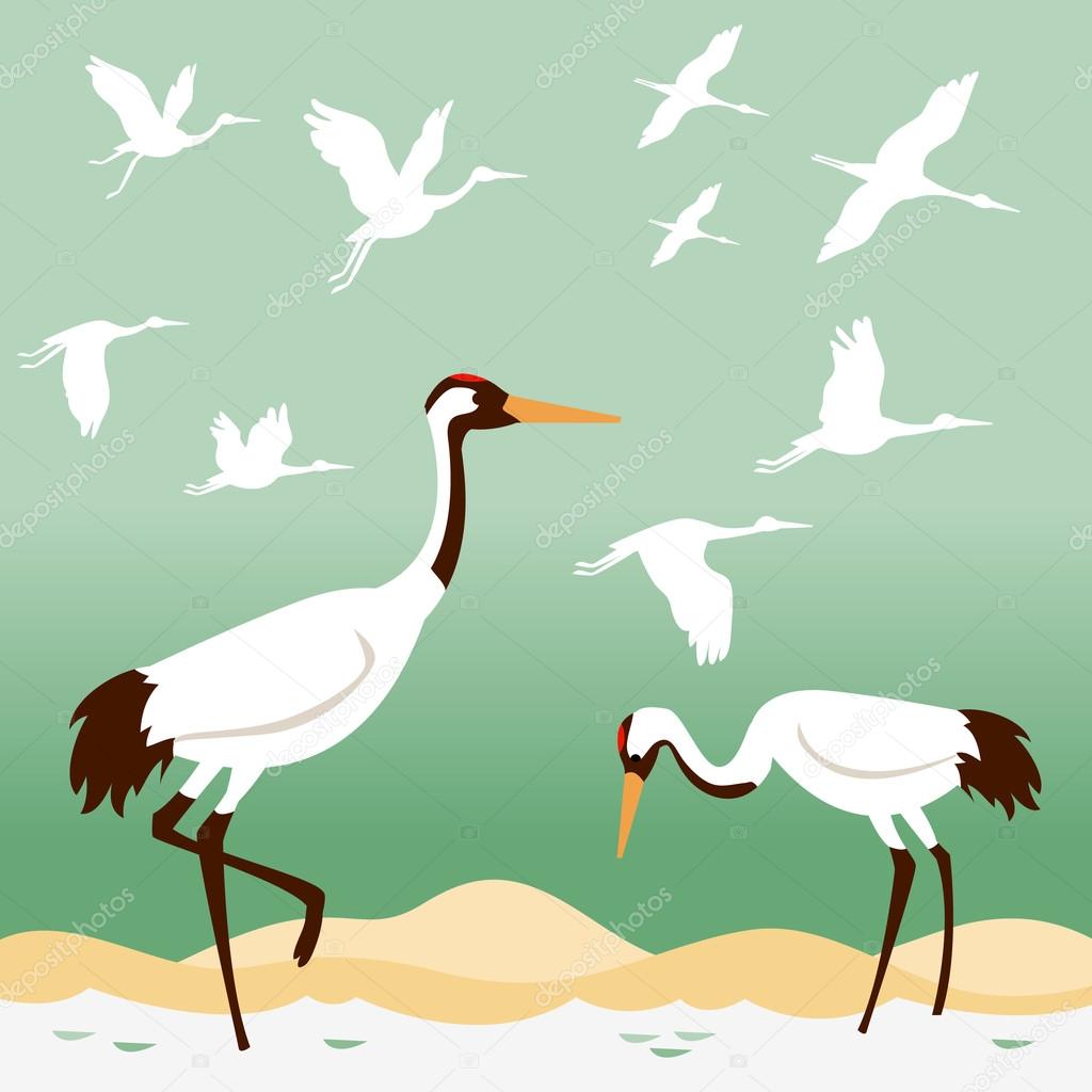 Set of birds - flying cranes