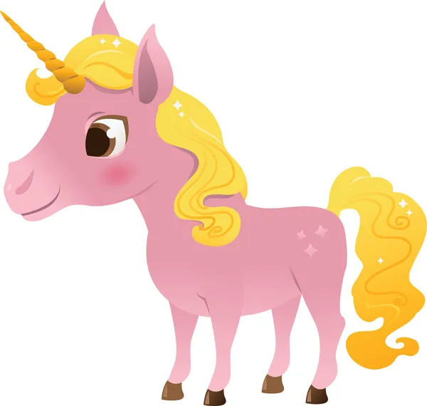 Unicornio de dibujos animados rosa con melena de oro — Vector de stock