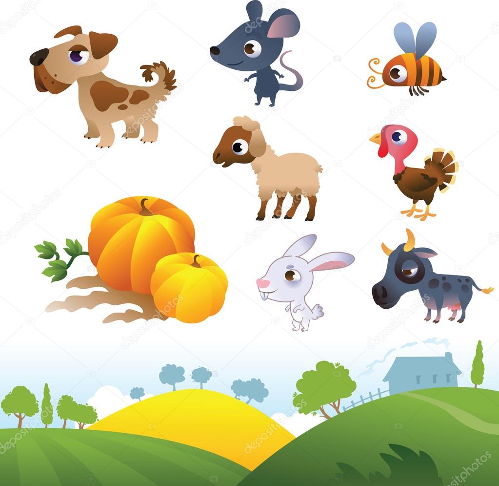 Isolated cartoon farm animals on white background and farm lands