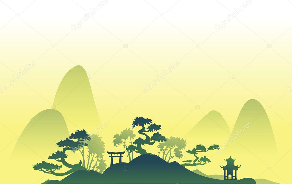 Abstract asian Landscape with trees and hills