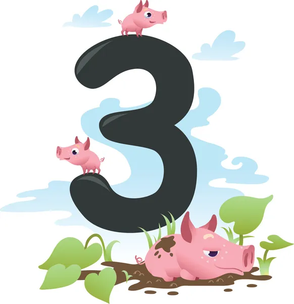 Collection number for kids: farm animals - number 3, pigs — Stock Vector