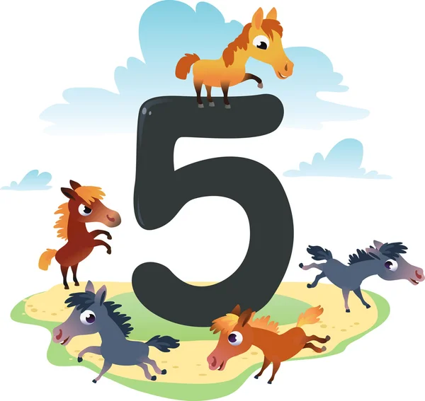 Número de colección para niños: animales de granja - número 5, caballos — Vector de stock