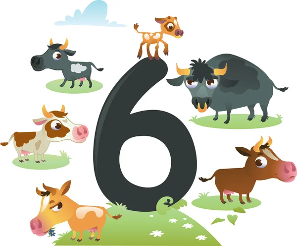 Numéro de collection pour les enfants : animaux de ferme - numéro 6, vaches — Image vectorielle