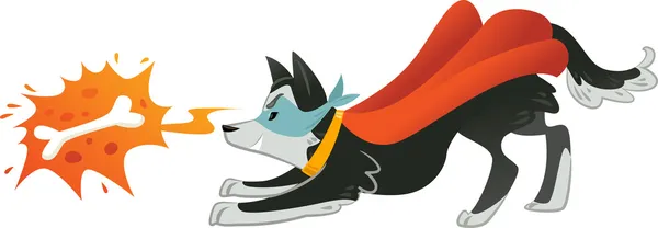 Super Hero perro está mirando hacia arriba en el hueso con fuego — Vector de stock