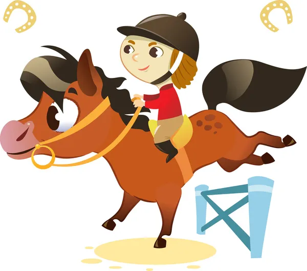 Niño con caballo pequeño, saltando un obstáculo — Vector de stock