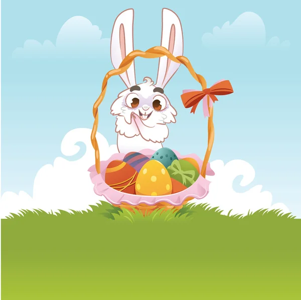 Wenskaart: Bunny met Pasen eieren — Stockvector