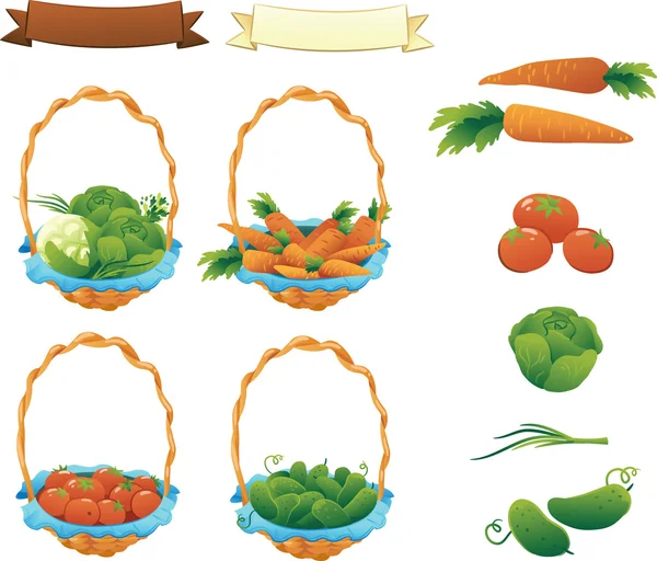 Gyűjtemény zöldségek: uborka, paradicsom, káposzta és sárgarépa — Stock Vector