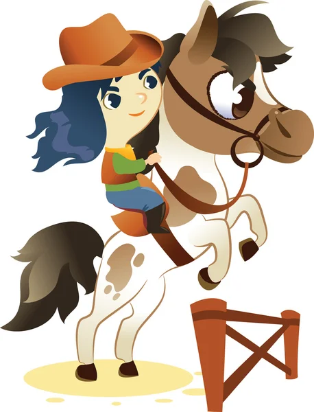 Cowgirl på liten häst, hoppa ett hinder: bild isolerad på whit — Stock vektor