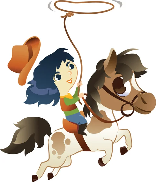 Chica en Caballo Pequeño con lazo: Vector Ilustración — Vector de stock