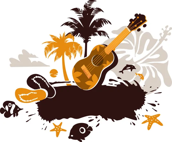 Banner Tropical con Flor, Palmeras y Ukulele — Archivo Imágenes Vectoriales