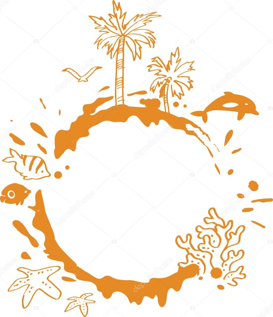 Beach Illustration With Tropical Palm Trees, Fish and Splash