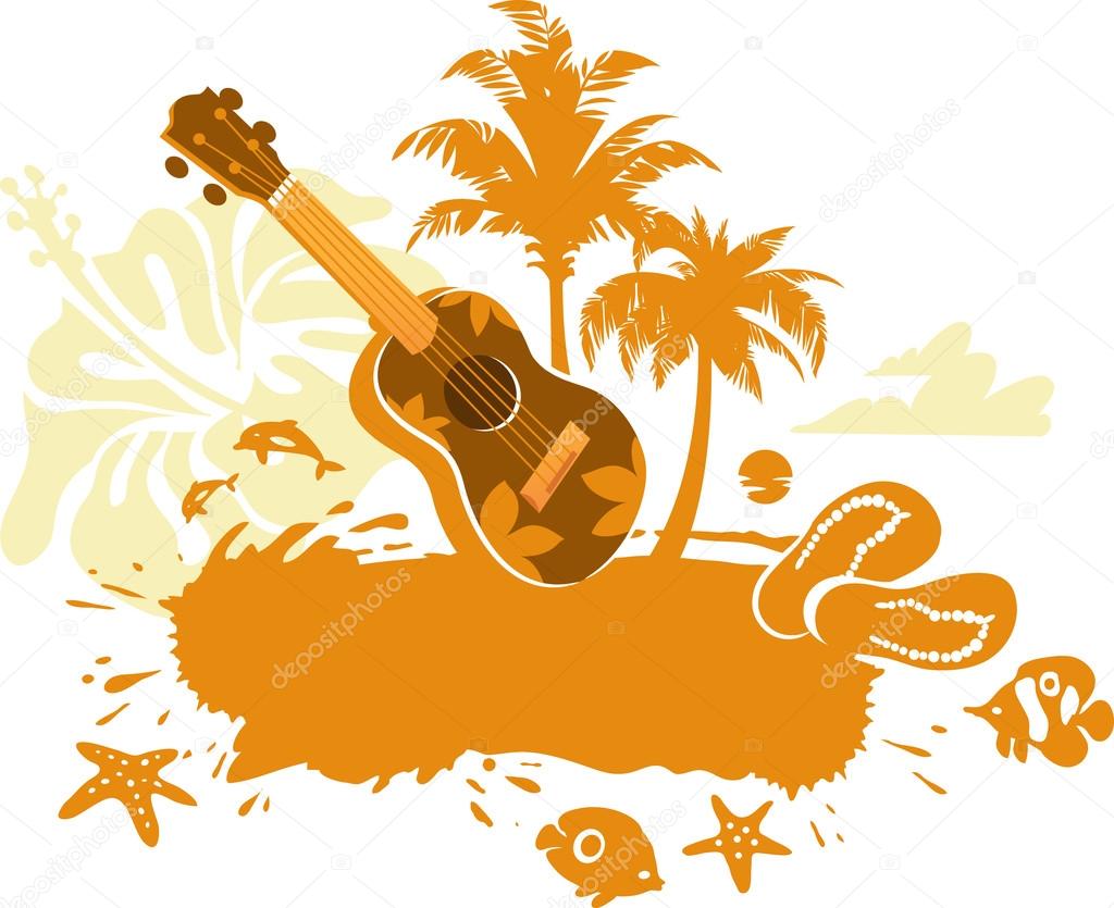 Tropical Banner with a Flower, Palm Trees and Ukulele