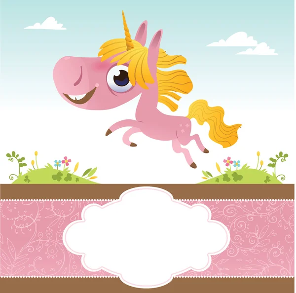 Card With Cartoon Pink Unicorn — Stock Vector