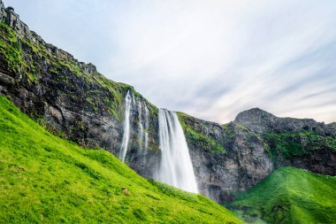 İzlanda 'da yeşil tepeleri ve lav kayalıkları olan Seljalandsfoss şelaleleri