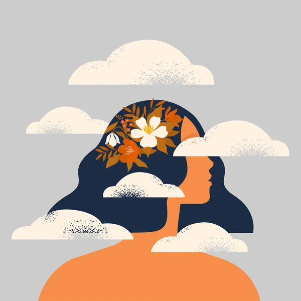 Il concetto di un passo verso un futuro sconosciuto. La testa di un uomo tra le nuvole. — Vettoriale Stock