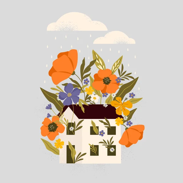 Küçük bir evin içinde büyüyen çiçekler. Evim, güzel evim. Parlak renklerle çevrili güzel bir ev. Yazdır, kart, poster, kartpostal, pankart tasarımı ögesi. Stok Illüstrasyon